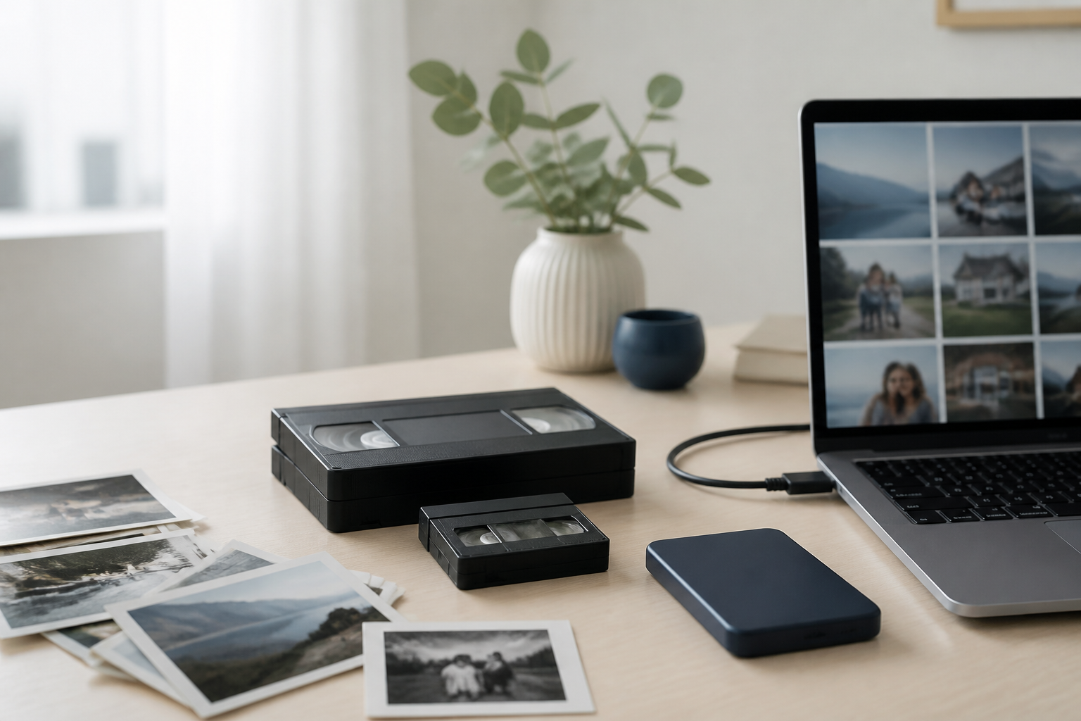 VHS-kassettar, MiniDV, gamle papirbilete og digitale lagringsmedium