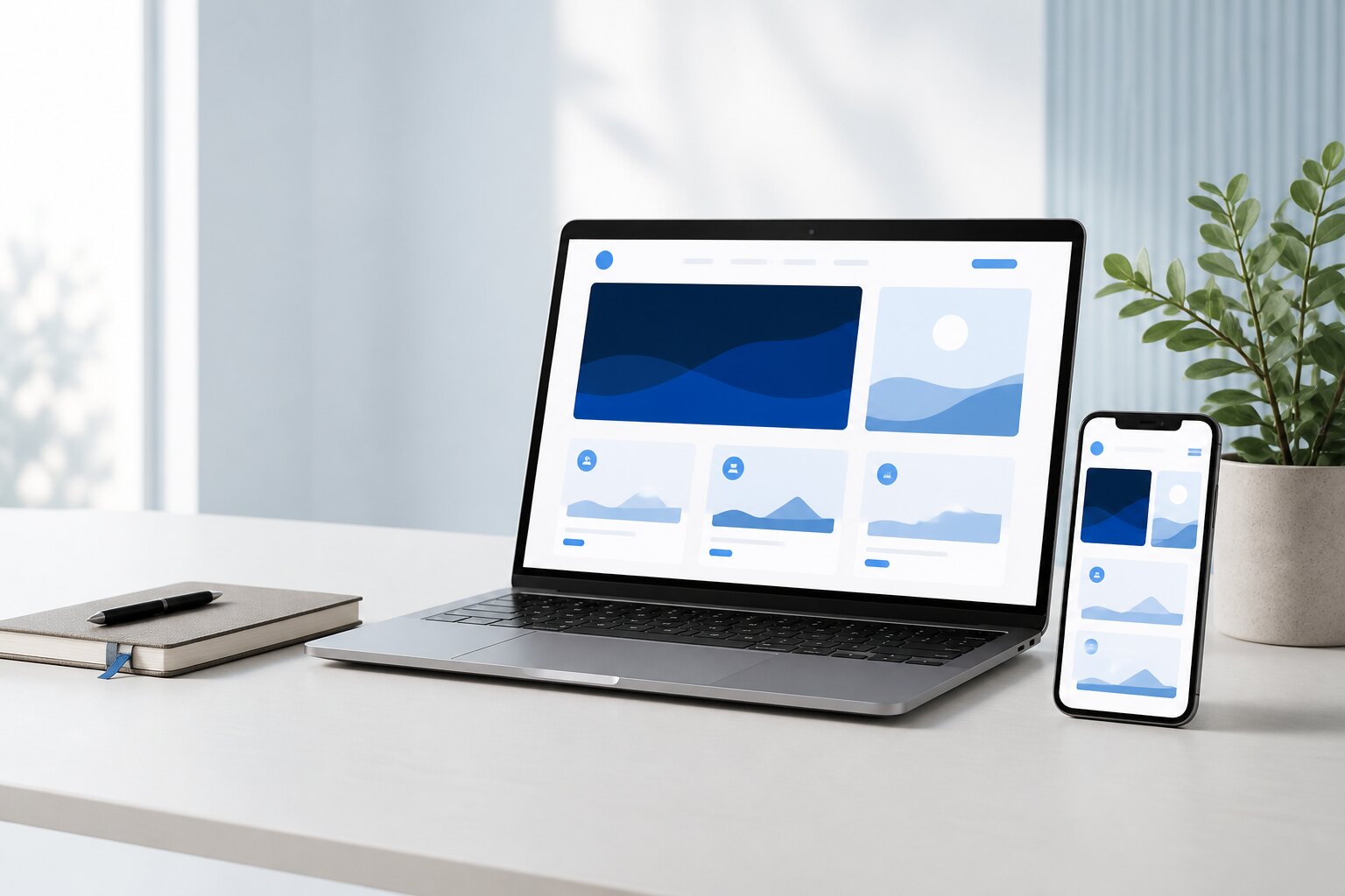 Moderne nettside vist på ein berbar datamaskin og ein mobiltelefon